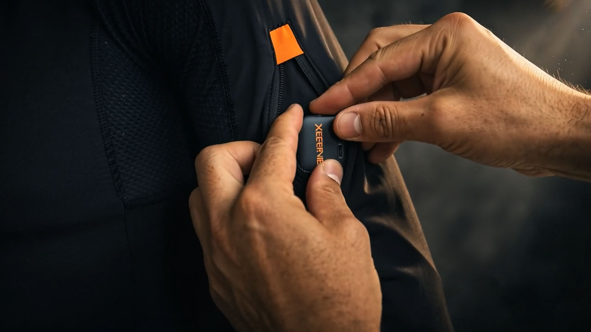 Installation of a wireless Xsens sensor for a performance capture session at Studio du Château in Montreal.